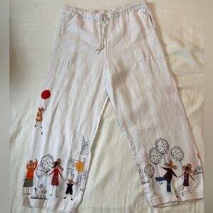 VTG Chico’s Design 100% Linen Wide Leg Pants Whimsical Art Print White Size 2
